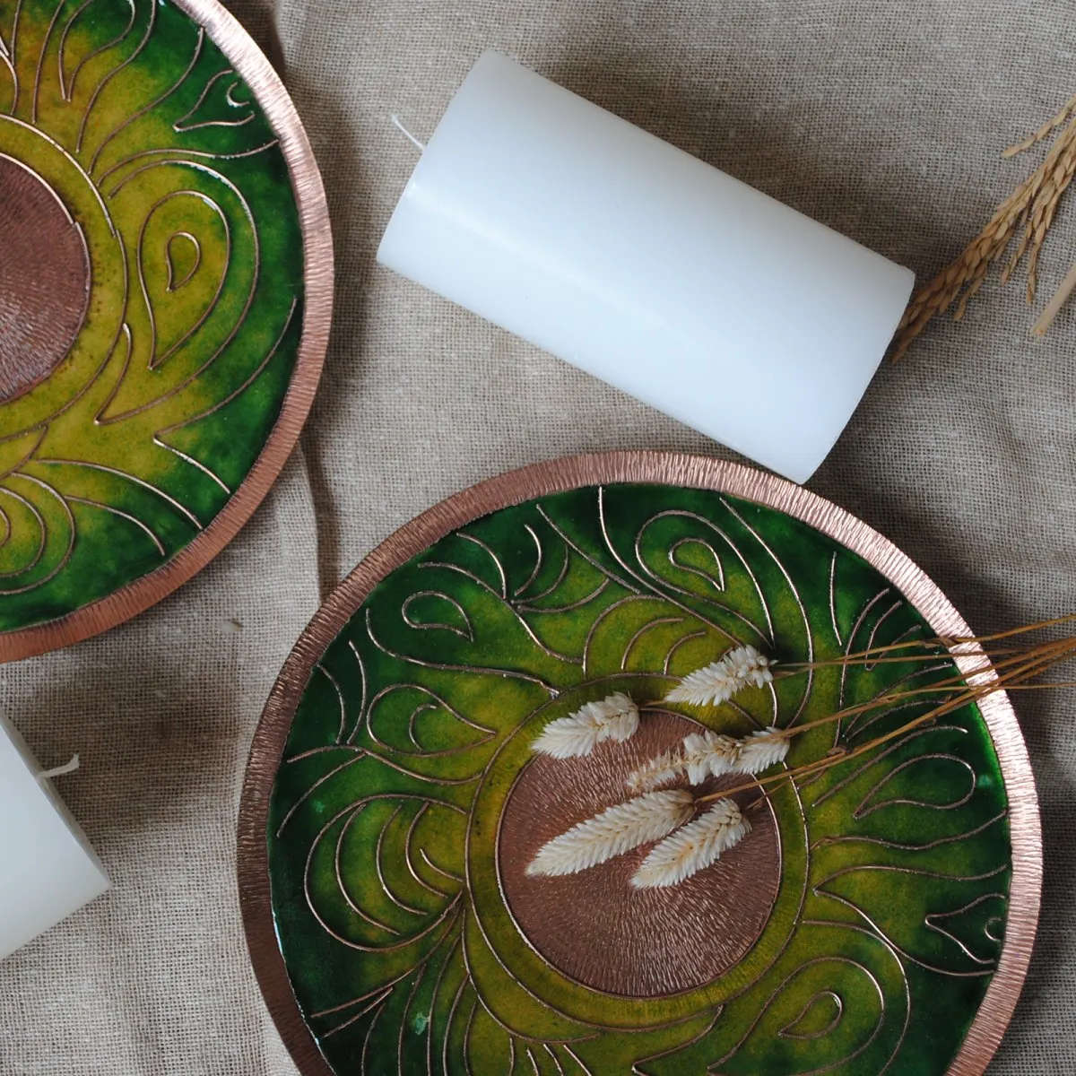 Green Handmade Copper Wallplate & Candle Holder