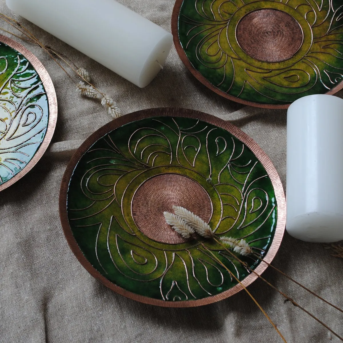 Green Handmade Copper Wallplate & Candle Holder