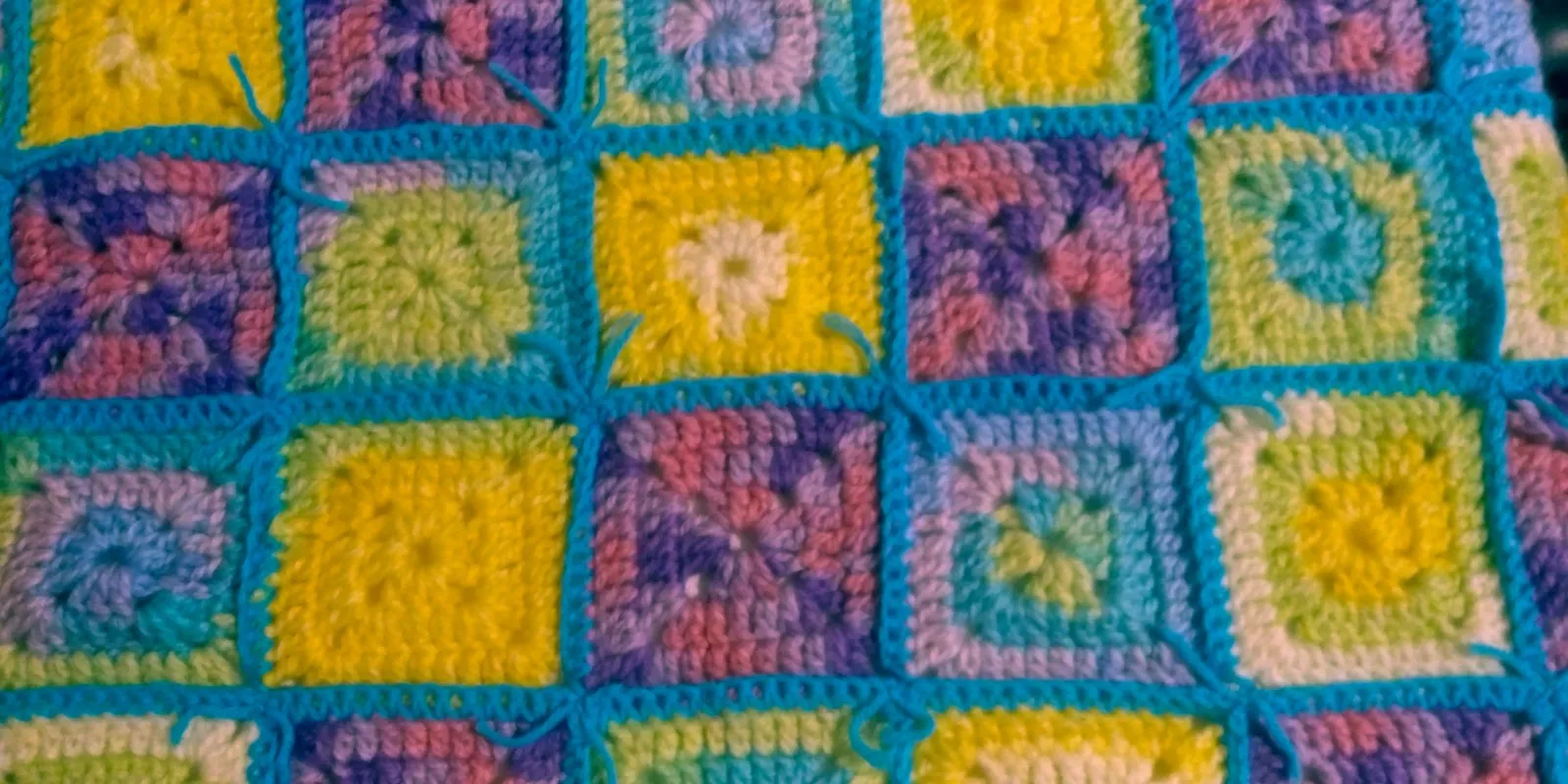 Handmade Granny Square hand crochet of Multi Colors  Patchwork with Teal Border Baby Blanket