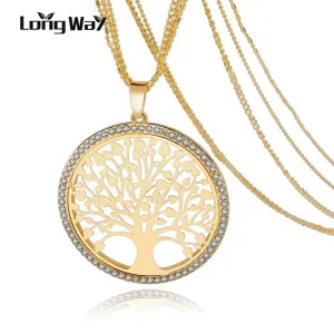 LongWay Tree Of Life Gold Color Long Necklace for Women Vintage Crystal Multilayer Pendant Necklace Female Jewelry Sne160124