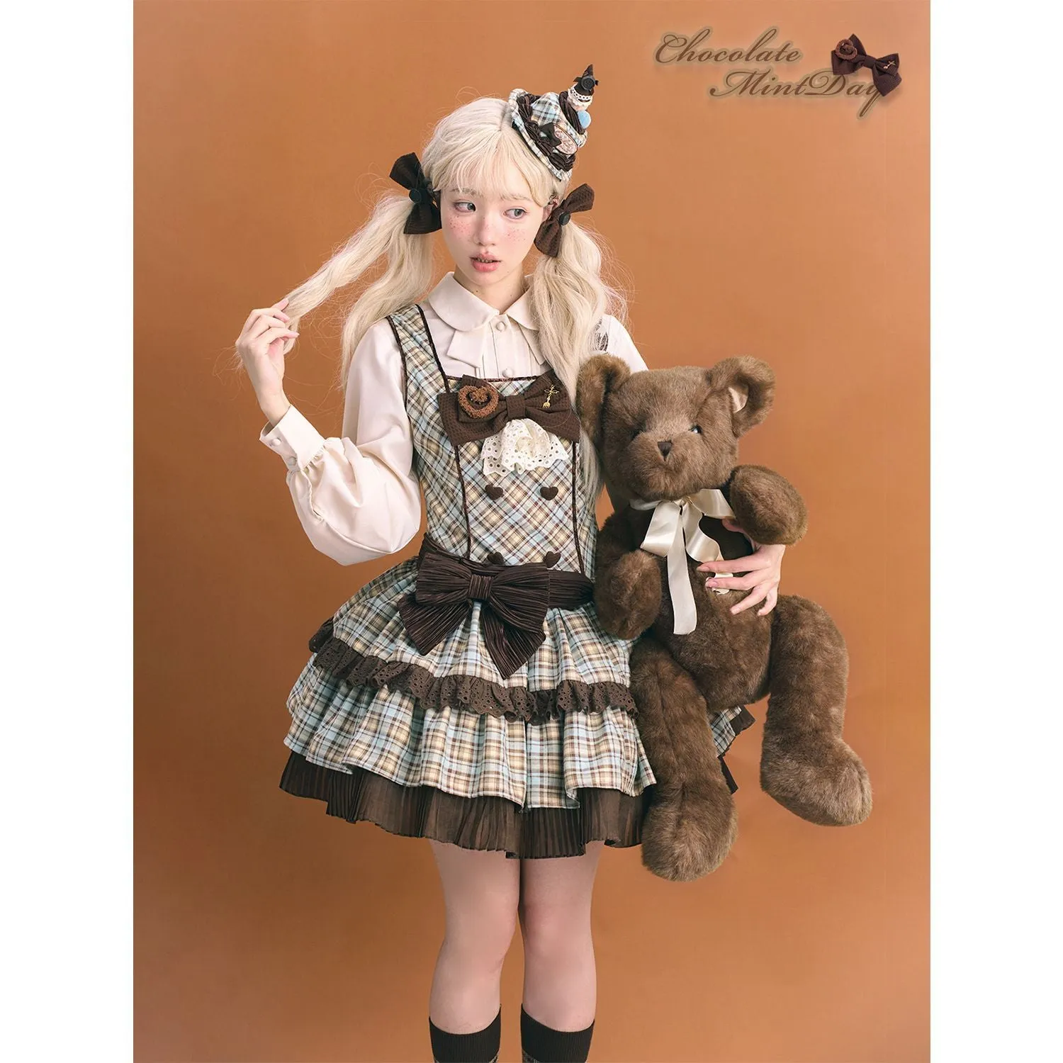Mint Chocolate Plaid Bow Dress Set