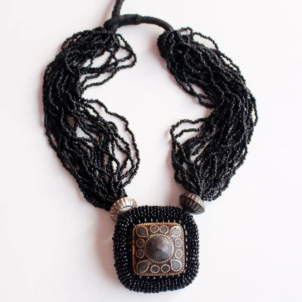 Multi Strand Black Glass Beads Crocheted Tibetan Pendant Necklace