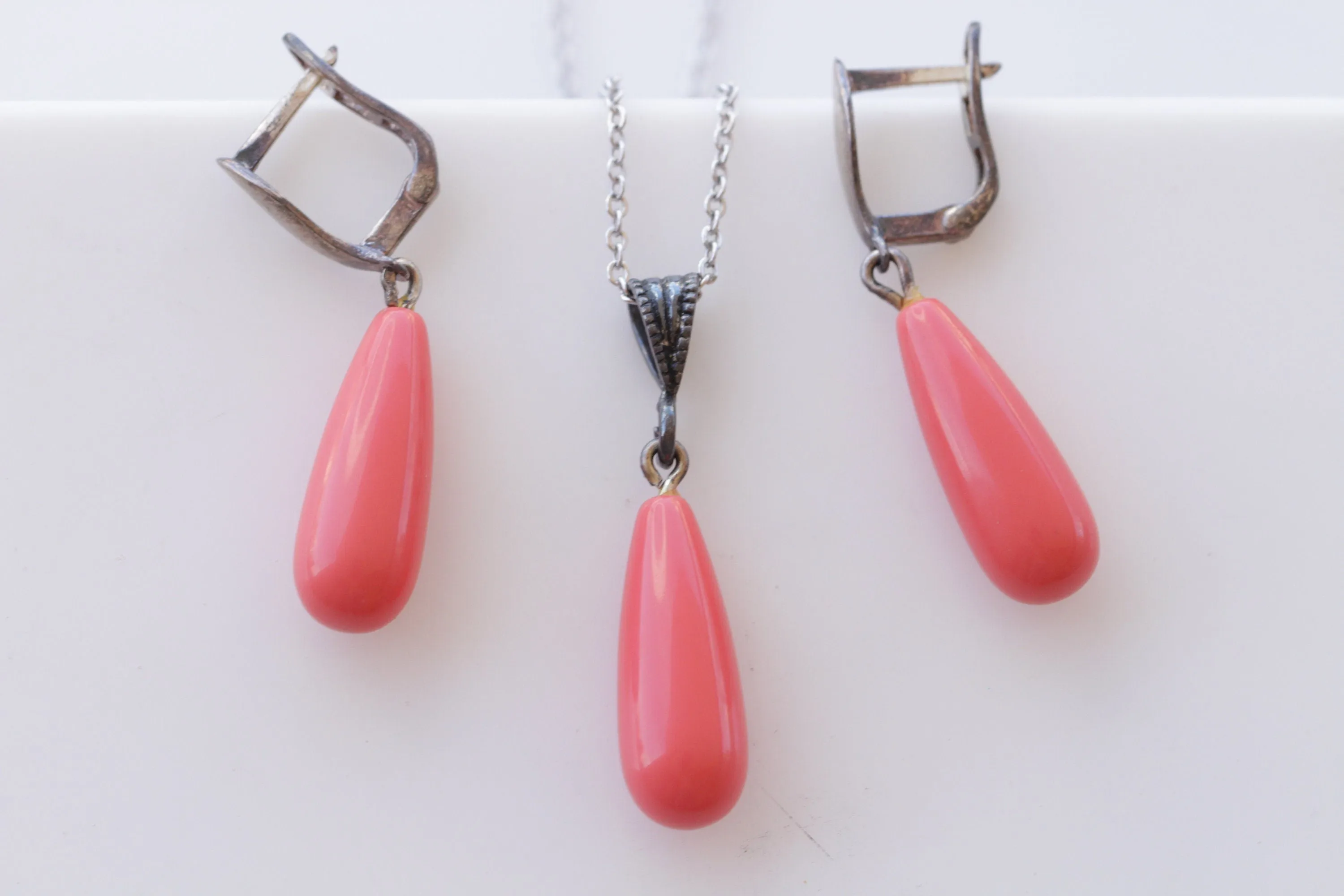Red Coral Necklace Earrings Set