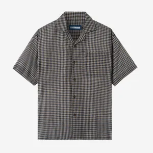 Summer Classic Camp Collar Short Sleeve Shirt - Navy Brown Square