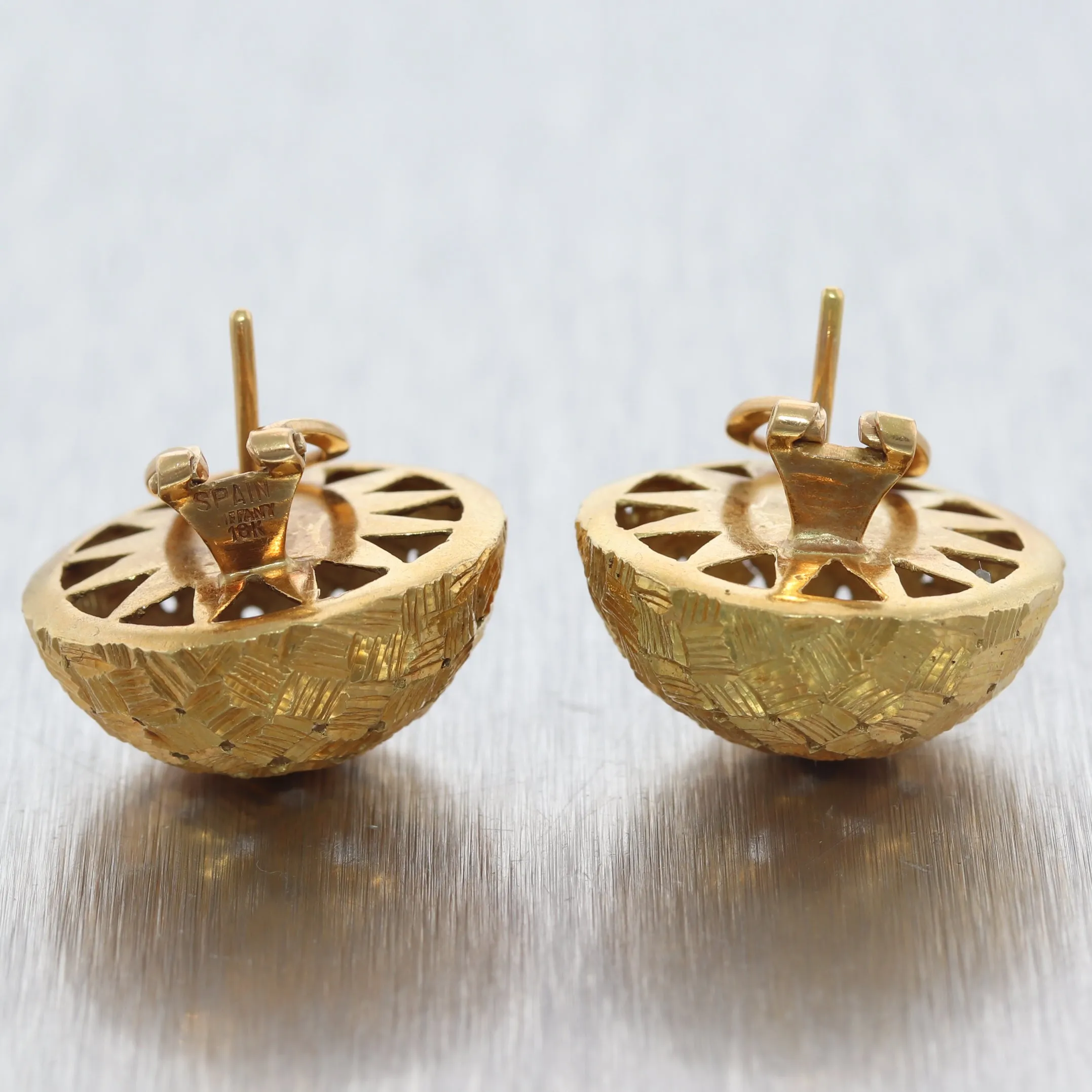 Tiffany & Co. 18k Yellow Gold Basket Weave Dome Post Clip Earrings